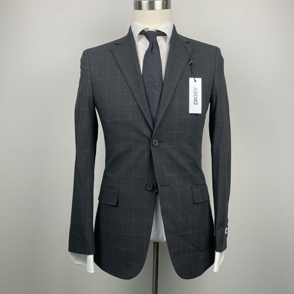 DKNY Mens Modern Fit 2 Piece Suit 36R 29W 32L Charcoal Plaid - Picture 2 of 8